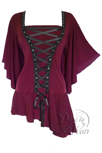 Plus Size Gothic Burgundy Alchemy Corset Stud Top in Garnet - Click Image to Close