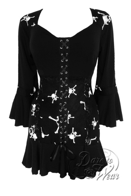Jr. Plus Size Gothic Cabaret Corset Top in Skull Print Jolly Rodger - Click Image to Close