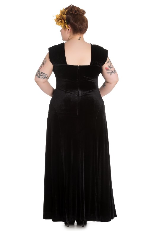 Hell Bunny Plus Size Gothic Long Black Velvet Geraldine Dress - Click Image to Close