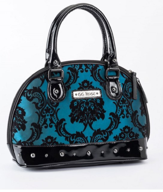 Rock Rebel Mini Madame Bayou Blue Victorian Damask Studded Purse Handbag