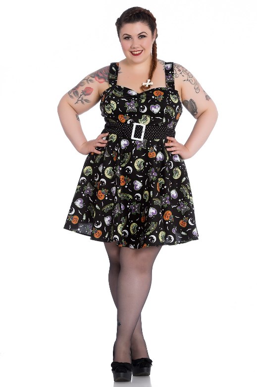 Hell Bunny Plus Size Gothic Halloween Black Cat Salem Witch Mini Dress - Click Image to Close