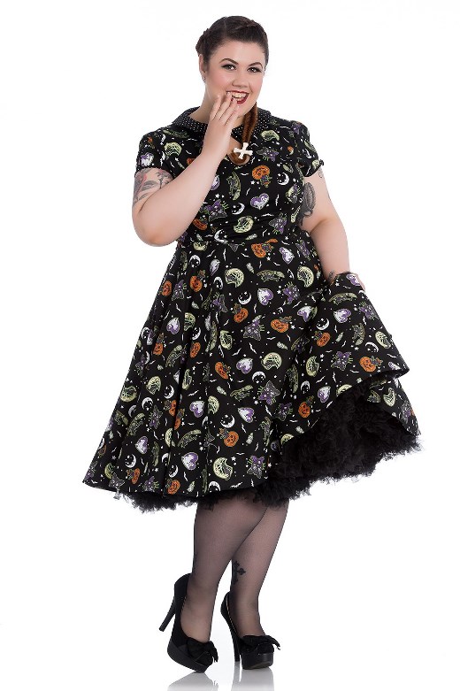 Hell Bunny Plus Size Gothic Halloween Black Cat Salem Witch 50's Dress - Click Image to Close