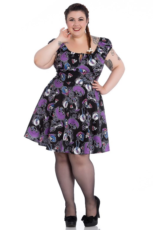 Hell Bunny Plus Size Gothic Purple & Black Skeleton Graciela Mini Dress - Click Image to Close