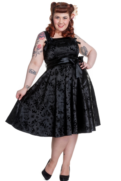 Hell Bunny Plus Size Gothic Black Tattoo Flock Rockabilly Dress
