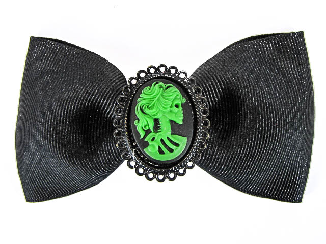 Hairy Scary Black Bow w Green Victorian Skull Cameo Jezebow Hair Clip - Click Image to Close