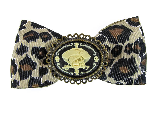 Hairy Scary Leopard Bow w Pirate Skull Cameo Jezebow Hair Clip - Click Image to Close