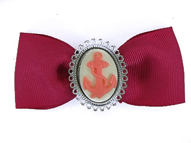 Hairy Scary Pink Bow w Pink Anchor Cameo Jezebow Hair Clip - Click Image to Close