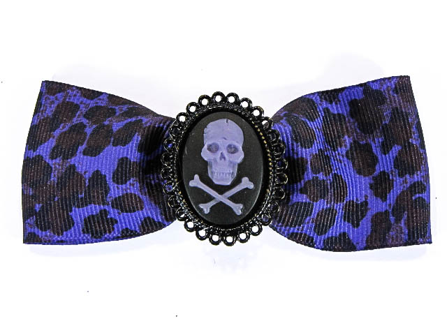 Hairy Scary Purple Leopard Bow w Purple Skull & Crossbones Cameo Jezebow Hair Clip - Click Image to Close
