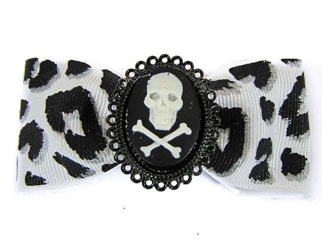 Hairy Scary White & Black Cheetah Bow w Skull & Crossbones Cameo Jezebow Hair Clip