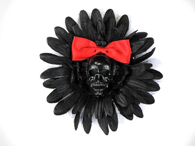 Hairy Scary Black & Black Skull & Red Bow Hairlot Skull Hair Clip - Click Image to Close