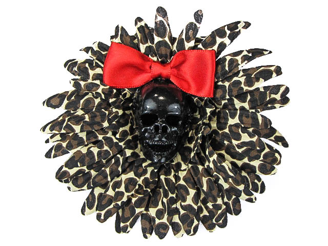 Hairy Scary Leopard & Black Skull & Red Bow Hairlot Skull Hair Clip - Click Image to Close
