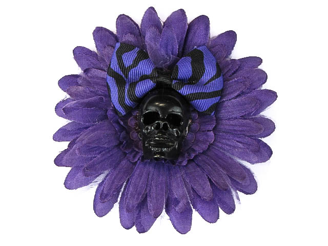 Hairy Scary Purple & Black Skull & Purple Zebra Bow Hairlot Skull Hair Clip - Click Image to Close