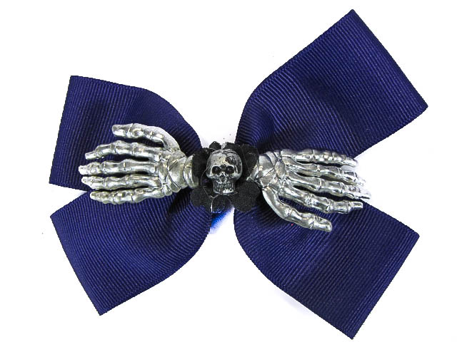 Hairy Scary Purple Double Bow Skull w Silver Skeleton Hands Skulleton Hair Clip - Click Image to Close
