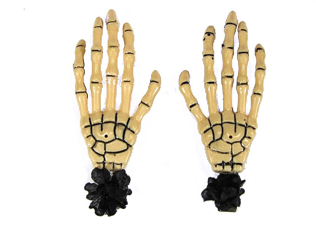 Hairy Scary Bone Skeleton Halloween Hades Hands w Black Hair Clip Set - Click Image to Close
