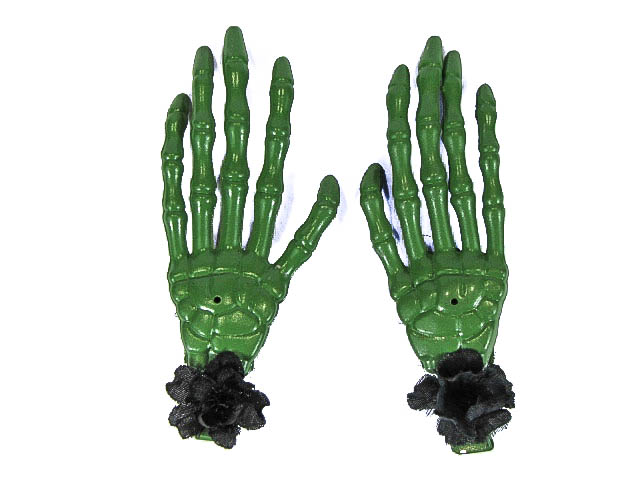 Hairy Scary Green Skeleton Halloween Hades Hands w Black Hair Clip Set