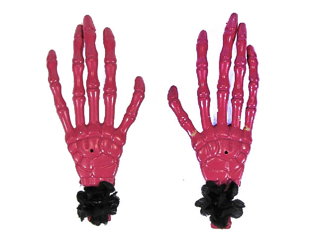 Hairy Scary Pink Skeleton Halloween Hades Hands w Black Hair Clip Set - Click Image to Close