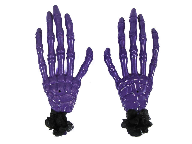 Hairy Scary Purple Skeleton Halloween Hades Hands w Black Hair Clip Set