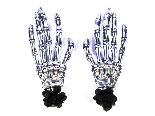 Hairy Scary Silver Skeleton Halloween Hades Hands w Black Hair Clip Set