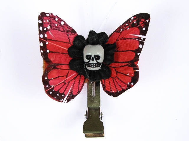 Hairy Scary Dark Orange Mini Kahlovera Skull Butterfly Feather Hair Clip - Click Image to Close