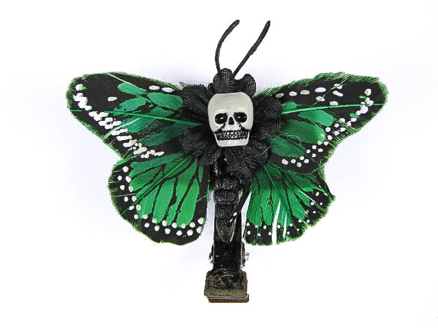 Hairy Scary Green Mini Kahlovera Skull Butterfly Feather Hair Clip - Click Image to Close