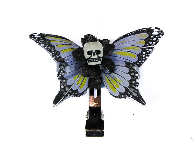 Hairy Scary Lavendar & Yellow Mini Kahlovera Skull Butterfly Feather Hair Clip - Click Image to Close