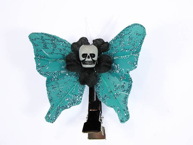 Hairy Scary Light Blue Glitter Mini Kahlovera Skull Butterfly Feather Hair Clip - Click Image to Close