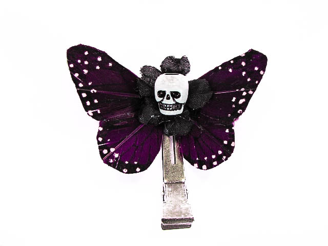 Hairy Scary Magenta Purple Mini Kahlovera Skull Butterfly Feather Hair Clip - Click Image to Close