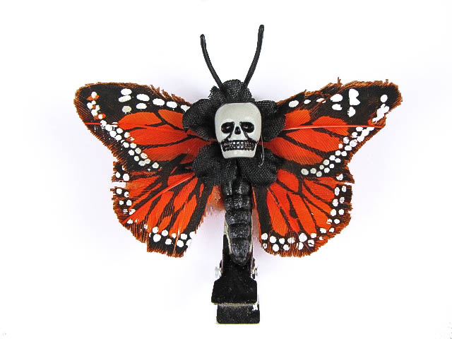 Hairy Scary Medium Orange Mini Kahlovera Skull Butterfly Feather Hair Clip - Click Image to Close