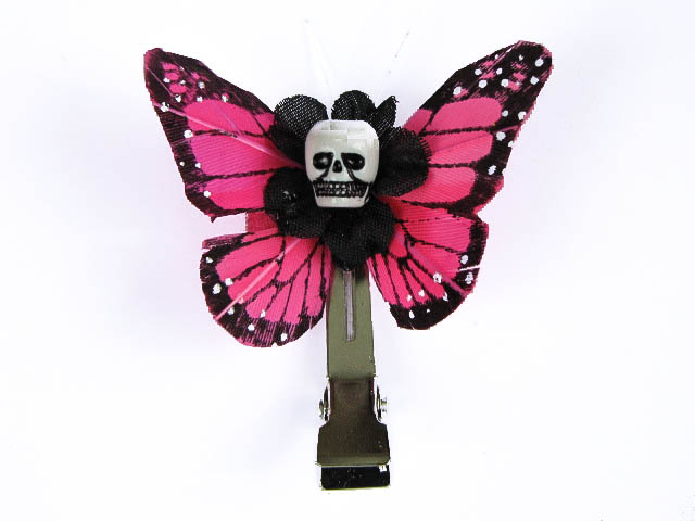 Hairy Scary Pink Mini Kahlovera Skull Butterfly Feather Hair Clip - Click Image to Close