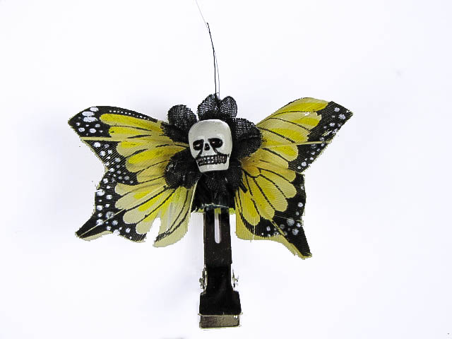 Hairy Scary Yellow Mini Kahlovera Skull Butterfly Feather Hair Clip - Click Image to Close