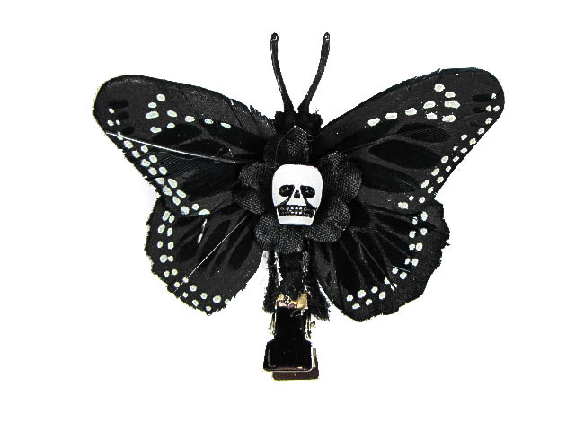 Hairy Scary Black & White Small Kahlovera Skull Butterfly Feather Hair Clip - Click Image to Close