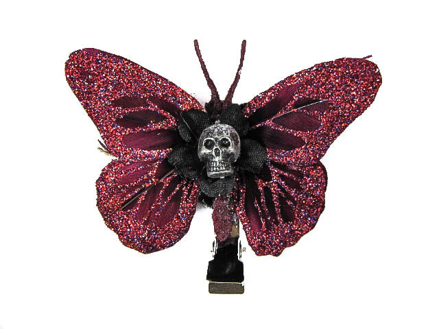 Hairy Scary Burgundy Glitter Small Kahlovera Skull Butterfly Feather Hair Clip - Click Image to Close