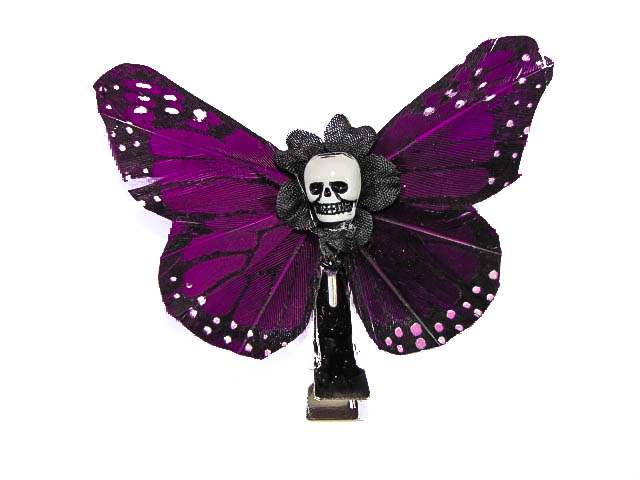 Hairy Scary Magenta Purple Small Kahlovera Skull Butterfly Feather Hair Clip - Click Image to Close