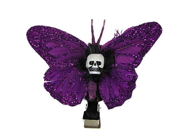 Hairy Scary Purple Glitter Small Kahlovera Skull Butterfly Feather Hair Clip - Click Image to Close