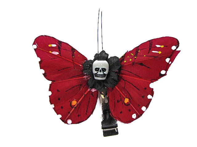 Hairy Scary Red N Yellow Small Kahlovera Skull Butterfly Feather Hair Clip - Click Image to Close