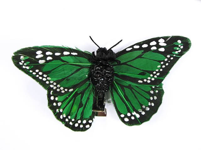 Hairy Scary Green & Black Large Kahlovera Skull Butterfly Feather Hair Clip - Click Image to Close