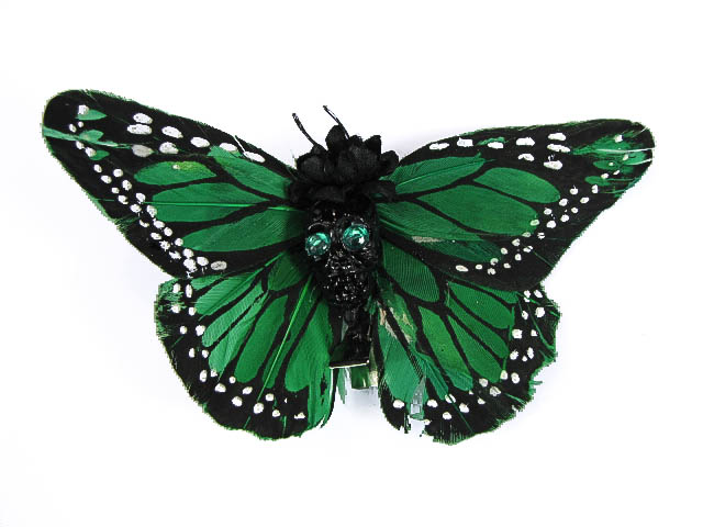 Hairy Scary Green & Black Large Kahlovera Skull Butterfly Feather Hair Clip - Click Image to Close