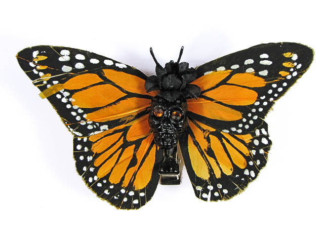 Hairy Scary Orange & Black w Orange Eyes Large Kahlovera Skull Butterfly Feather Hair Clip - Click Image to Close
