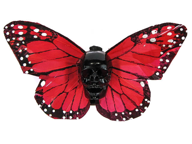Hairy Scary Dark Orange X Large Kahlovera Skull Butterfly Feather Hair Clip - Click Image to Close