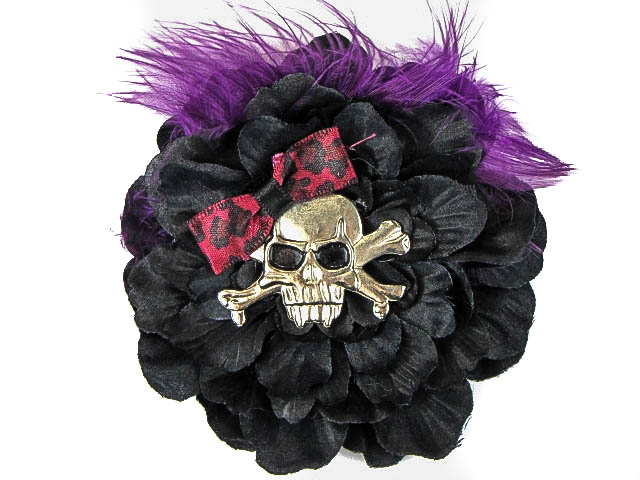 Hairy Scary Black w Magenta Purple Feather & Purple Leopard Bow Heavy Metal Skull Crossbones Hair Clip - Click Image to Close