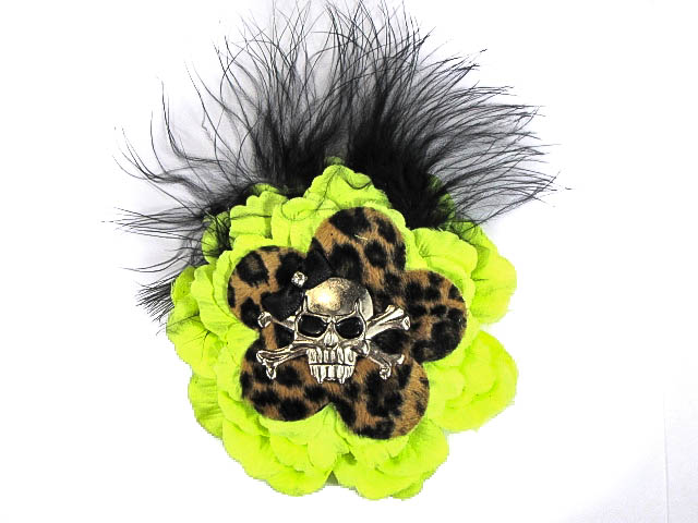 Hairy Scary Neon Yellow N Leopard w Black Feather & Black Bow Heavy Metal Skull Crossbones Hair Clip - Click Image to Close