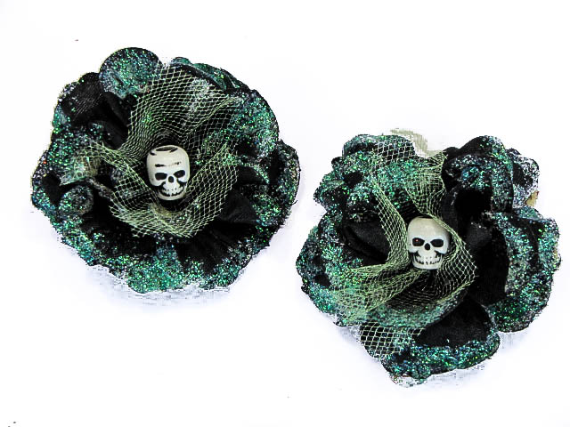 Hairy Scary Black w Sea Green Glitter Rosie the Reaper Skull Hair Clip Set - Click Image to Close