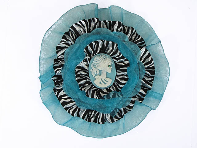 Hairy Scary Blue & Zebra w White Victorian Cameo Emily Dickens Hair Clip Pin - Click Image to Close
