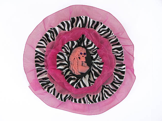 Hairy Scary Pink & Zebra w Pink Lady Skeleton Cameo Emily Dickens Hair Clip Pin - Click Image to Close