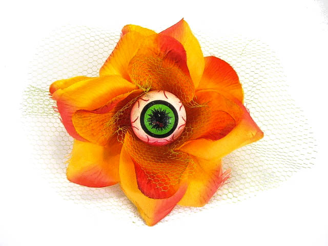 Hairy Scary Orange 3D Green Eyeball w Green Netting Eyeleen Hair Clip - Click Image to Close