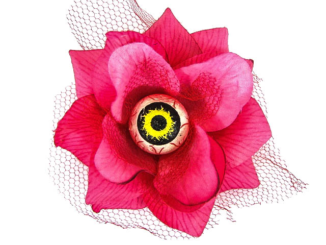 Hairy Scary Pink 3D Yellow Eyeball w Red Netting Eyeleen Hair Clip - Click Image to Close