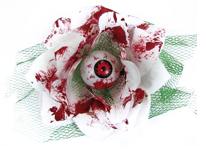 Hairy Scary White and Green Bloody 3D Red Eyeball w Red Netting Eyeleen Hair Clip - Click Image to Close
