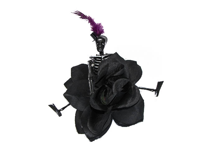 Hairy Scary Black Rose w Black Skeleton Purple Feather Vaude Villian Hair Clip Pin - Click Image to Close