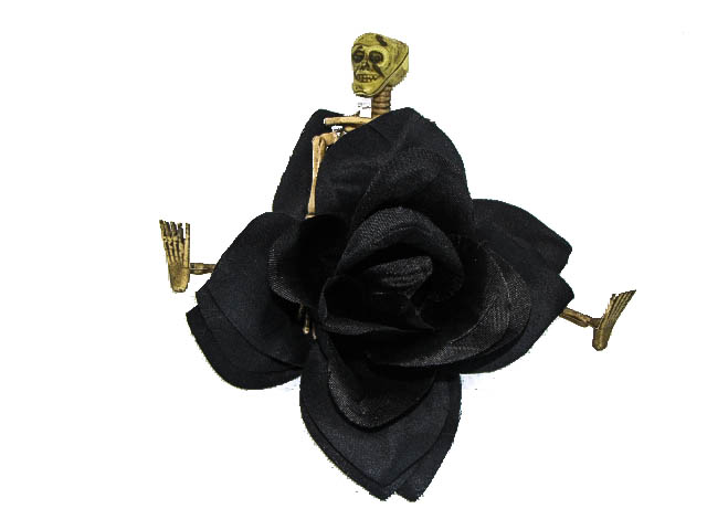 Hairy Scary Black Rose w Bone Skeleton Vaude Villian Hair Clip Pin - Click Image to Close