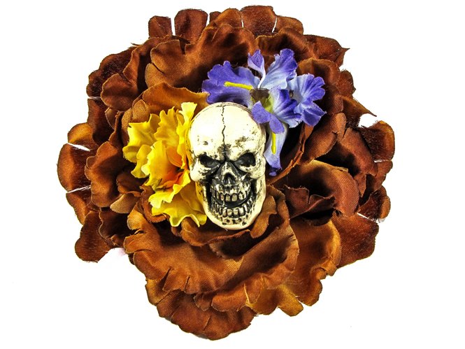 Hairy Scary Brown w Yellow & Purple Flowers Screaming Skull Tiki Terror Hair Clip - Click Image to Close